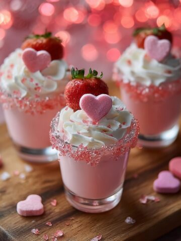 Three Valentine's Day Love Potion Shots arranged on a rustic wooden cutting board with pink and coral bokeh lights in the background. The center shot is in sharp focus, showing a pale pink creamy cocktail in a small glass with a pink sugar-rimmed edge, topped with rosette-swirled white whipped cream, a pink frosted heart candy, and a fresh strawberry. Two more identical shots are artfully blurred behind it. Pink conversation heart candies are scattered on the wooden surface along with pink and clear crystal sugar sprinkles, creating a festive Valentine's Day presentation.