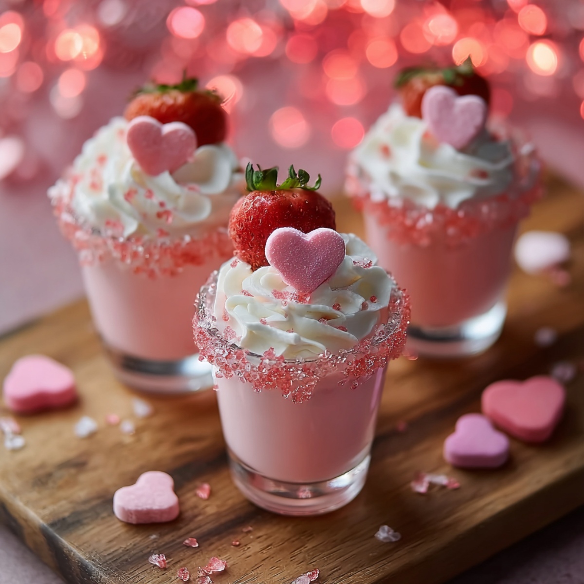 Three Valentine's Day Love Potion Shots arranged on a rustic wooden cutting board with pink and coral bokeh lights in the background. The center shot is in sharp focus, showing a pale pink creamy cocktail in a small glass with a pink sugar-rimmed edge, topped with rosette-swirled white whipped cream, a pink frosted heart candy, and a fresh strawberry. Two more identical shots are artfully blurred behind it. Pink conversation heart candies are scattered on the wooden surface along with pink and clear crystal sugar sprinkles, creating a festive Valentine's Day presentation.