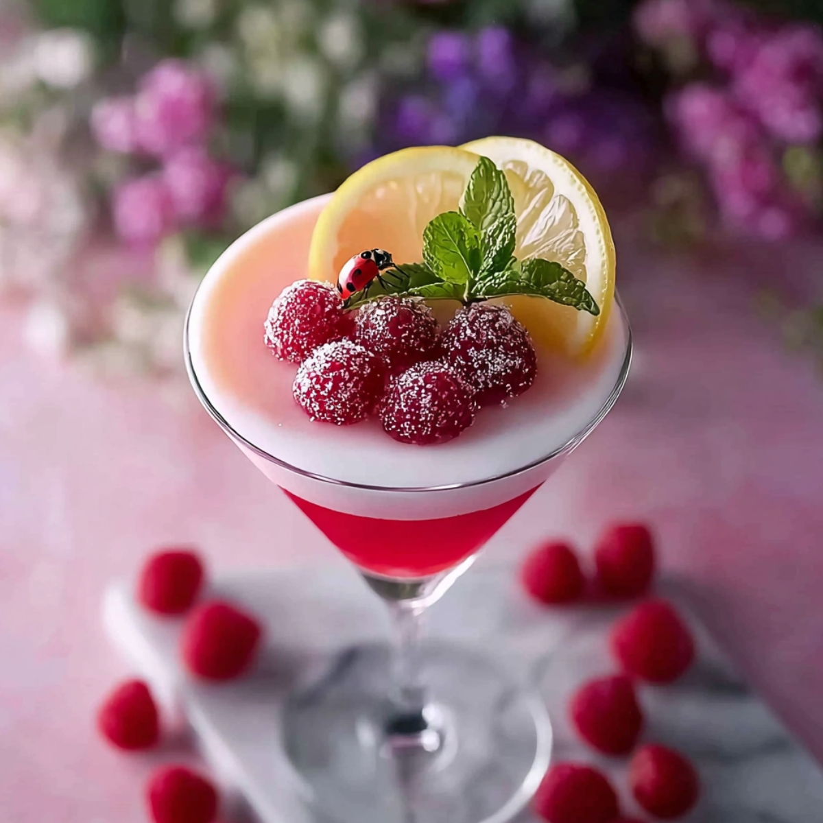 Valentine's Day Lovebug Cocktail in a coupe glass with three gradient layers: vibrant red at the bottom, pale peach-pink in the middle, and white creamy foam on top. The drink is garnished with a cluster of fresh raspberries heavily dusted with powdered sugar, a small decorative ladybug, fresh mint leaves, and a lemon wheel arranged on the foam surface. The cocktail sits on a white marble or light stone surface with fresh raspberries scattered around the base of the glass. The background is beautifully blurred, showing pink and purple flowers with green foliage creating a soft, romantic bokeh effect.