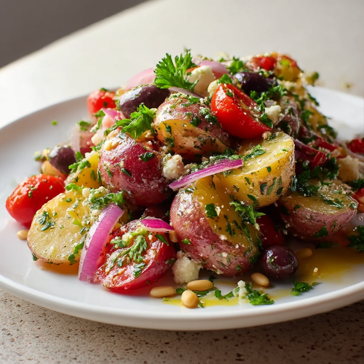 Mediterranean potato salad on white plate with halved multicolored potatoes, cherry tomatoes, Kalamata olives, white beans, sliced red onion, crumbled feta cheese, and fresh parsley, tossed in olive oil vinaigrette with natural window light, on speckled countertop