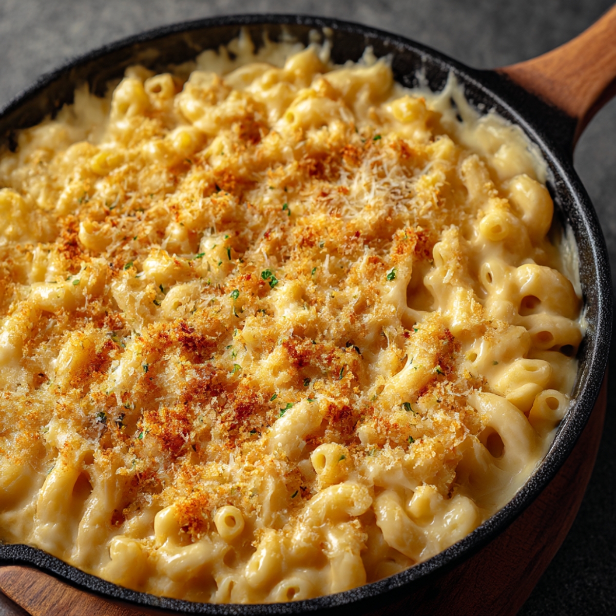 One-pan butter Parmesan pasta in cast iron skillet on wooden board with gray background, showing creamy macaroni topped with golden Parmesan breadcrumb topping and fresh parsley, wooden spoon handle visible at edge