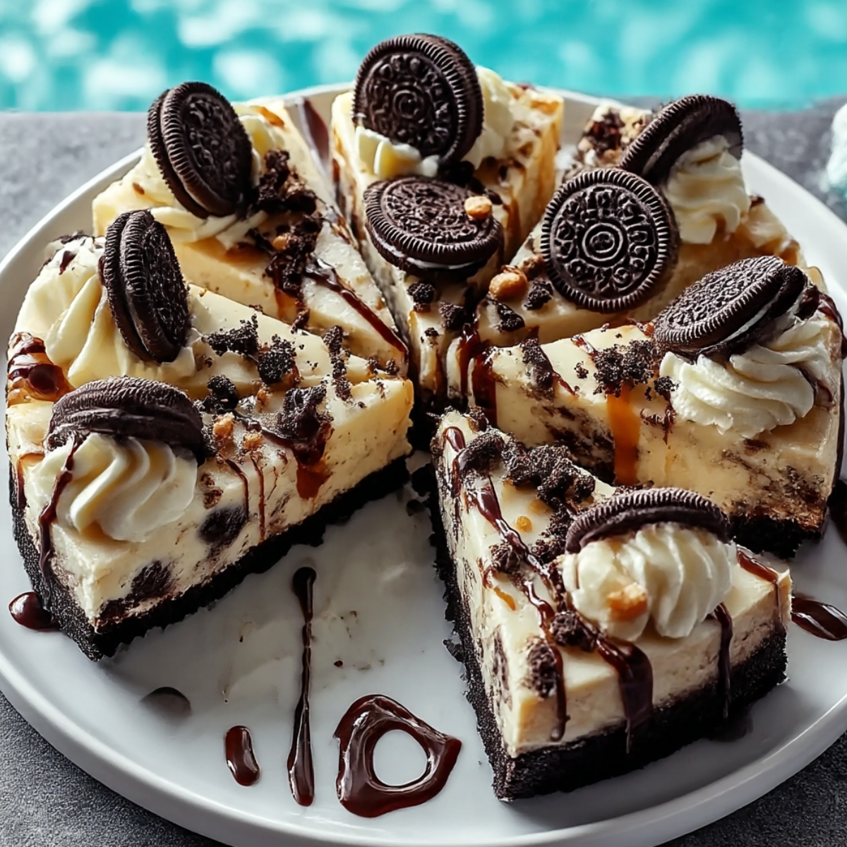 Oreo fudge brownie pizza cut into six slices on white plate with rich chocolate brownie base, cookies and cream filling with crushed Oreo pieces, whipped cream rosettes on each slice, whole Oreo cookies standing upright, toffee bits scattered throughout, caramel and dark chocolate ganache drizzle, vibrant turquoise bokeh background, gray textured surface