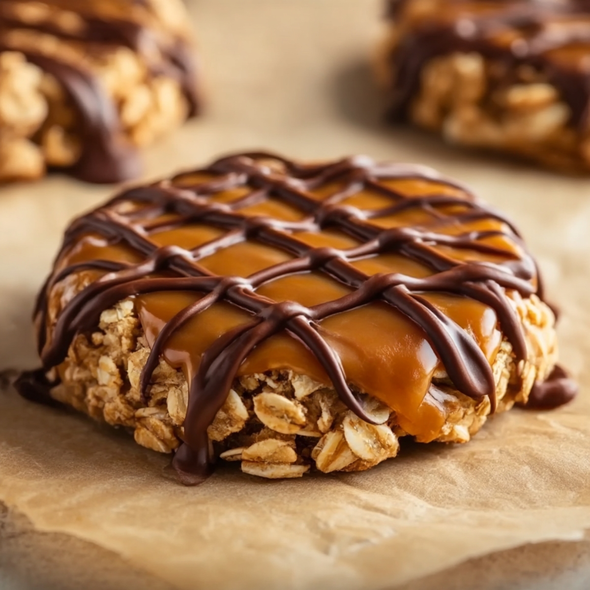Peanut butter cookie with caramel topping and dark chocolate drizzle in crosshatch pattern, crushed peanuts around edges, on parchment paper with additional cookies softly blurred in background