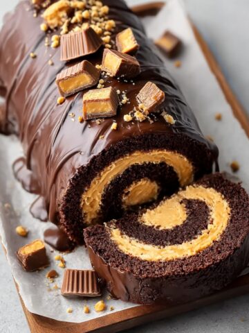 Chocolate peanut butter roll cake on parchment paper and wooden board, covered in glossy chocolate ganache and topped with chopped Reese's peanut butter cups and crushed peanuts, one slice cut away revealing spiral of dark chocolate sponge and peanut butter cream filling