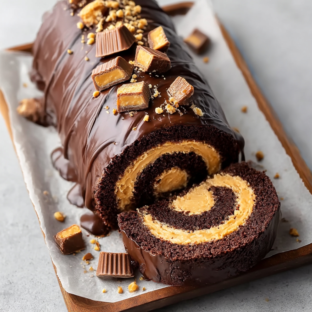 Chocolate peanut butter roll cake on parchment paper and wooden board, covered in glossy chocolate ganache and topped with chopped Reese's peanut butter cups and crushed peanuts, one slice cut away revealing spiral of dark chocolate sponge and peanut butter cream filling