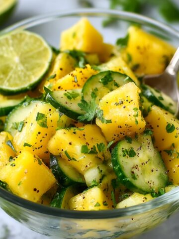 Close-up of an easy pineapple cucumber salad in a clear glass bowl, featuring fresh pineapple chunks, sliced cucumbers, chopped herbs, cracked black pepper, and a lime half with a spoon resting inside.