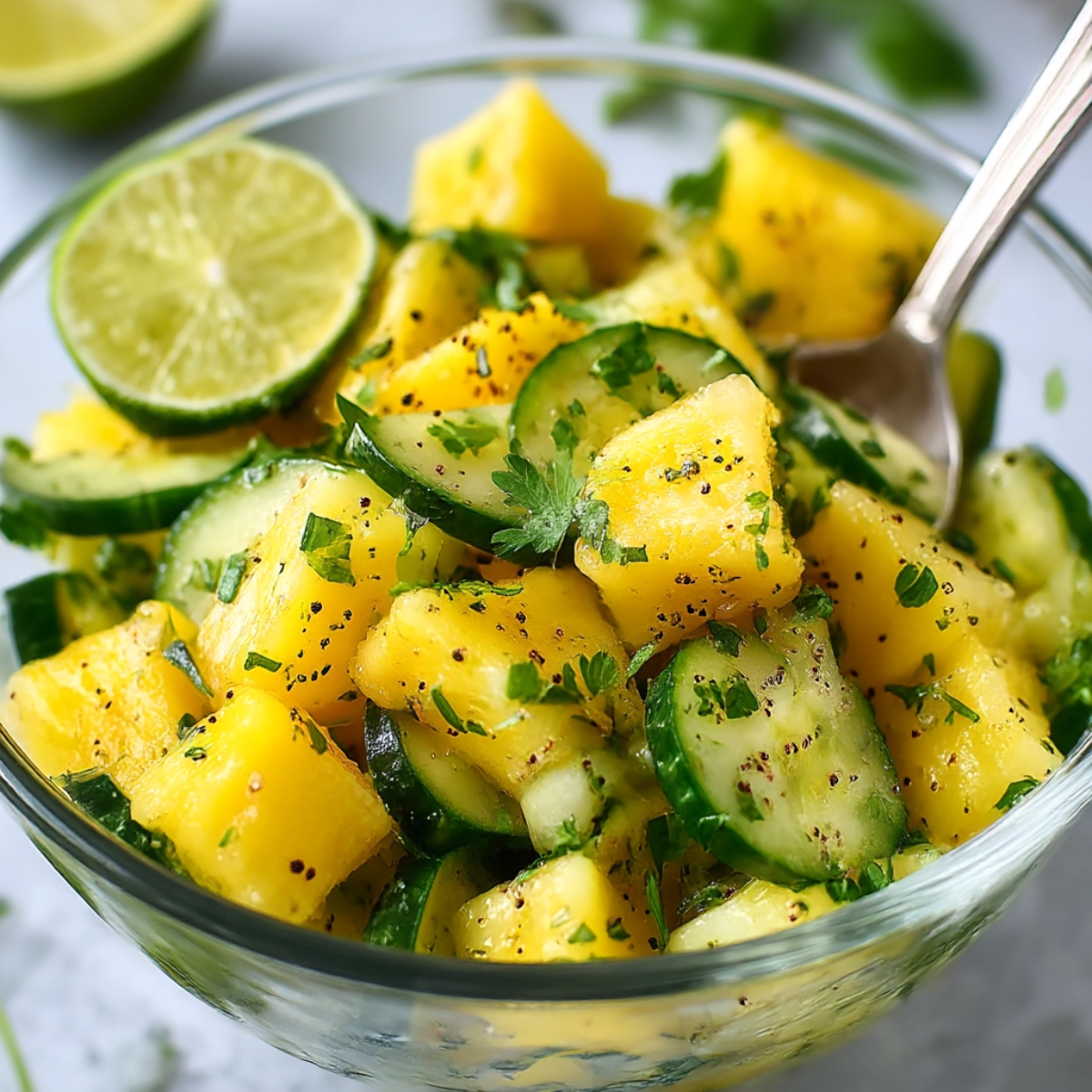 Close-up of an easy pineapple cucumber salad in a clear glass bowl, featuring fresh pineapple chunks, sliced cucumbers, chopped herbs, cracked black pepper, and a lime half with a spoon resting inside.