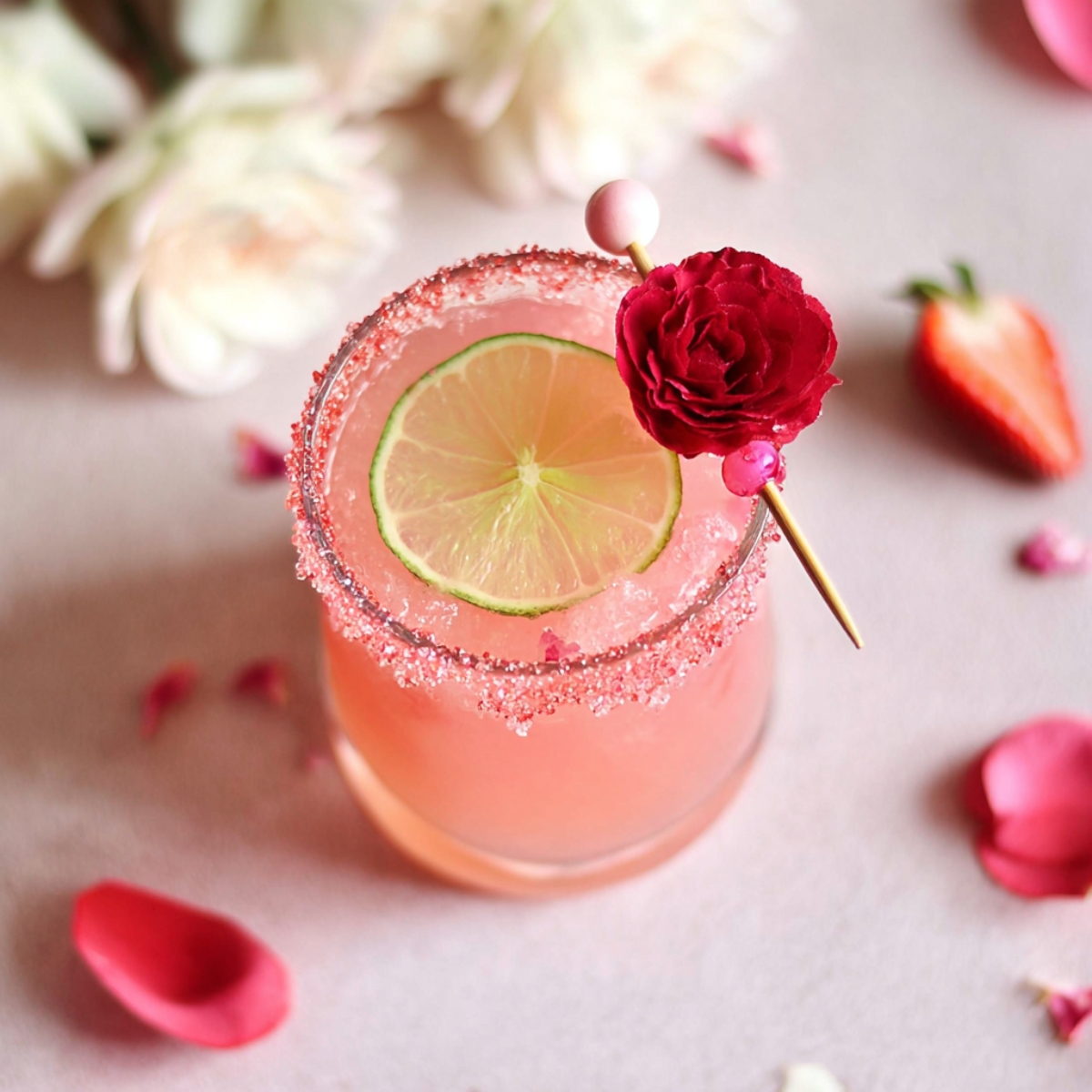 Pink margarita cocktail with sparkling pink sugar rim, garnished with lime wheel, red rose, and pink beaded cocktail pick, surrounded by scattered rose petals, white flowers, and fresh strawberry on soft pink surface