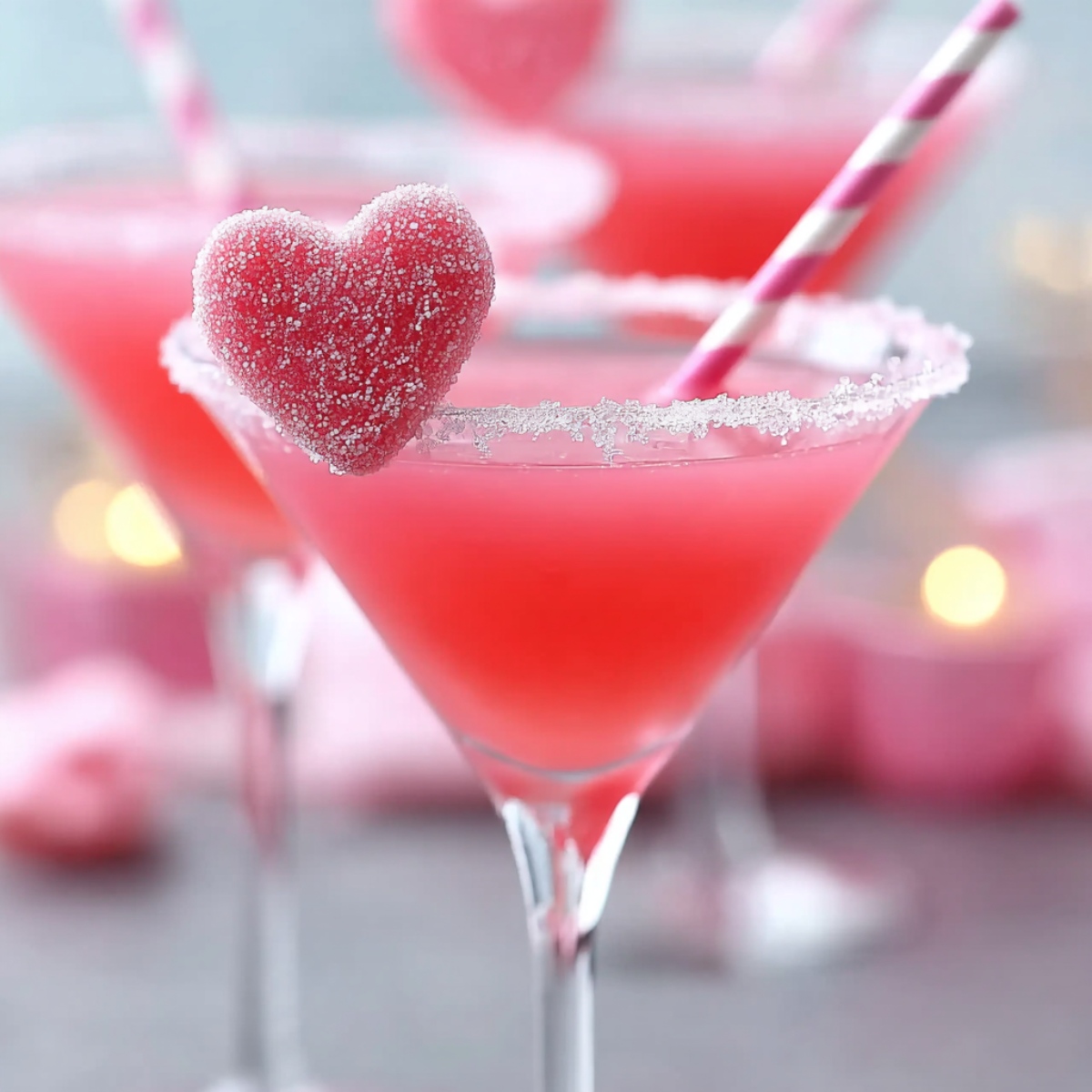 Valentine's Day Pink Sweetie Valen-Tini cocktail in a martini glass, filled with a bright coral-pink drink and rimmed with sparkling white sugar crystals. A red heart-shaped gummy candy covered in white sugar is perched on the rim, and a pink-and-white striped paper straw extends from the drink. The background is dreamily soft-focused, showing additional pink martinis, pink decorative elements, and warm golden candlelight bokeh, creating an ethereal Valentine's atmosphere.