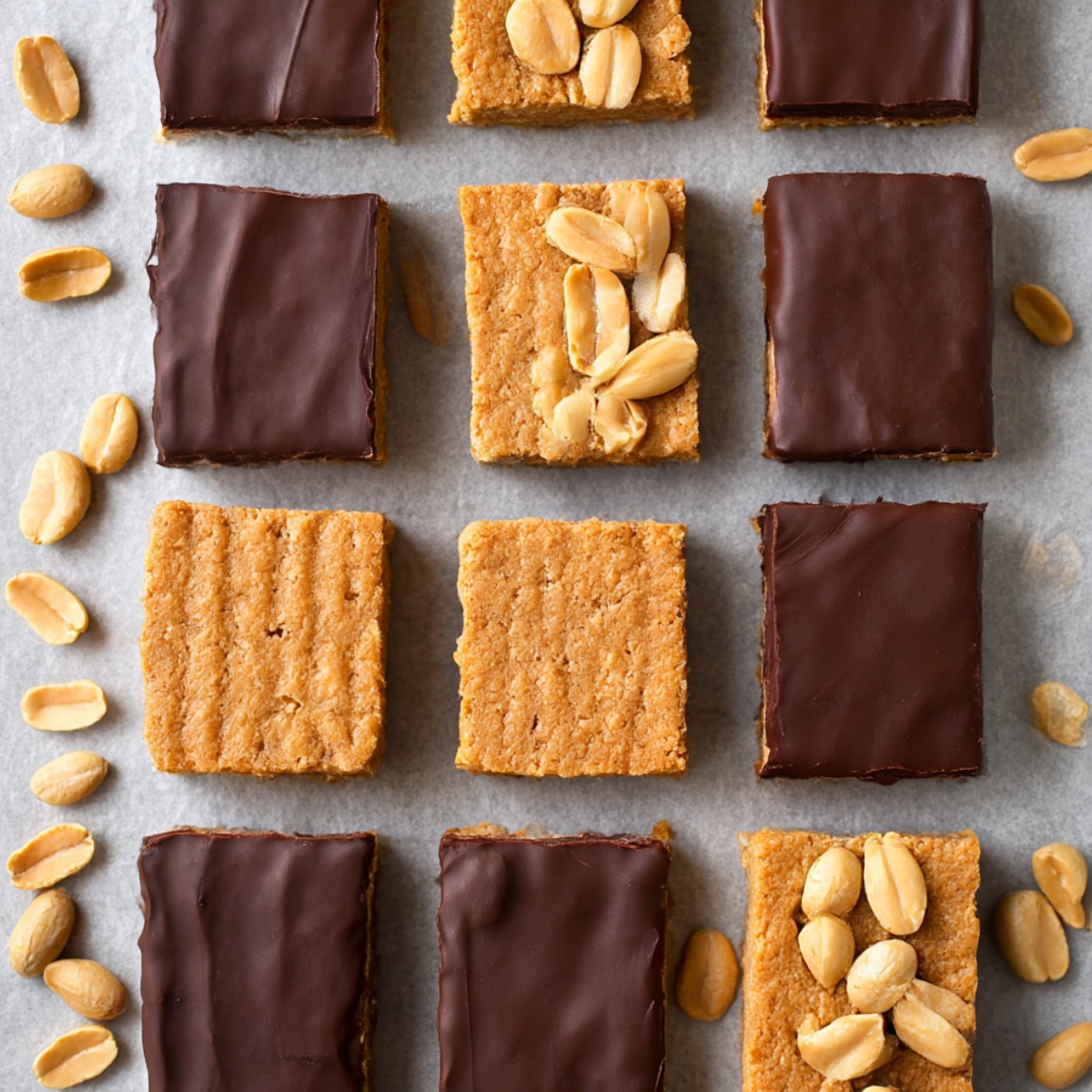 Homemade protein bars arranged on white parchment paper, alternating between chocolate-covered and plain peanut butter squares, some topped with whole peanuts, scattered peanuts on sides showing textured golden base with smooth dark chocolate coating