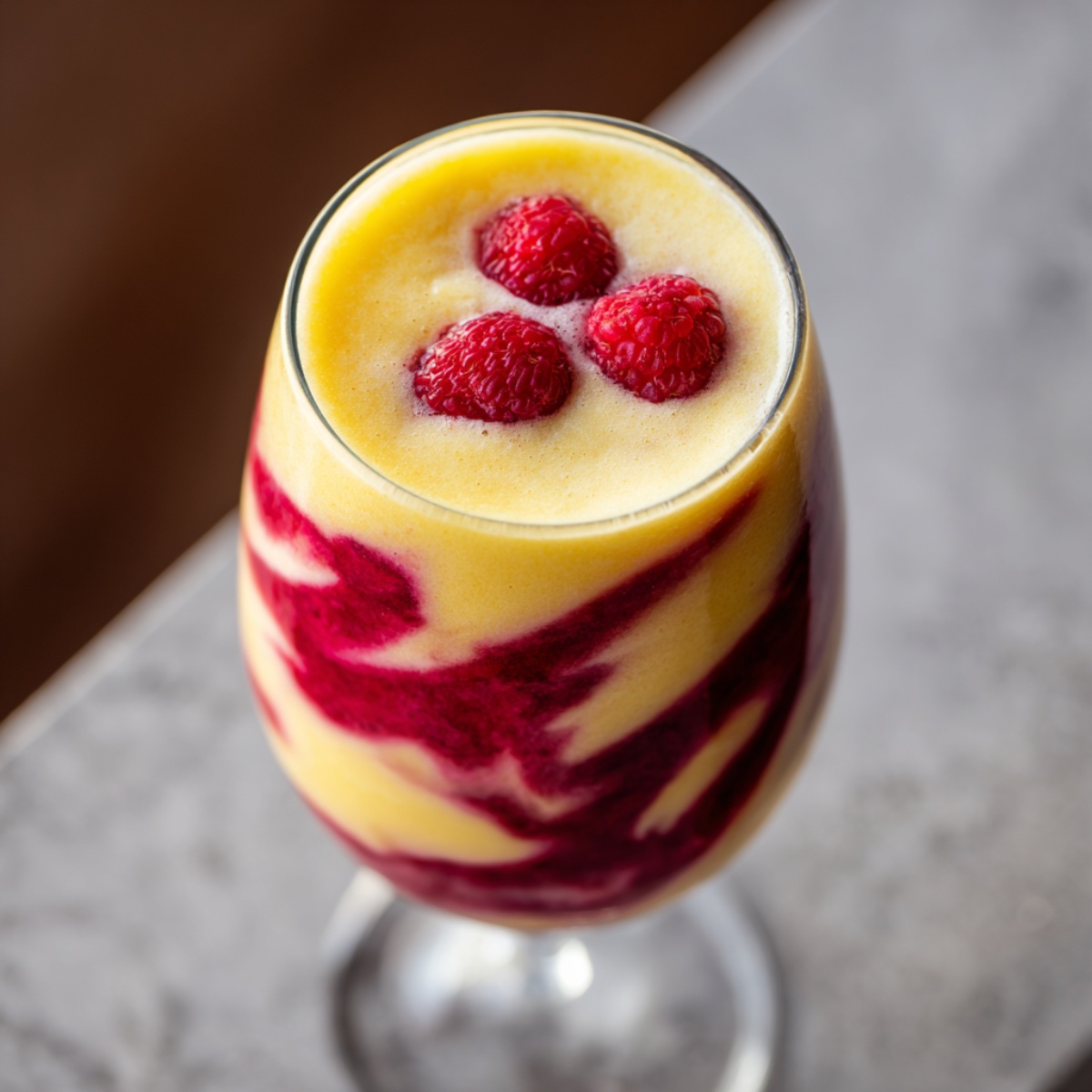 Easy Raspberry Piña Colada in a stemless wine glass viewed from above, showing a creamy pale yellow pineapple-coconut blend artistically swirled with bright raspberry puree, garnished with three fresh raspberries floating on top