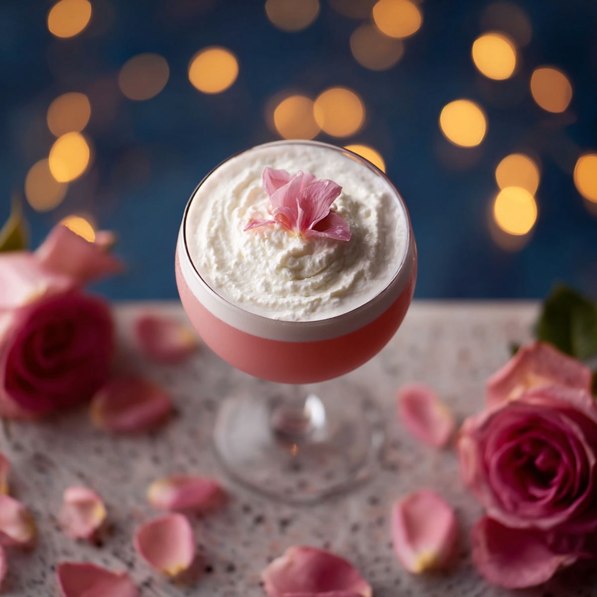 Overhead view of a Valentine's Day Sour Raspberry cocktail in a coupe glass on a white speckled surface. The drink has two layers: a coral-pink raspberry base and a generous white frothy foam top, garnished with a single pink edible flower. The background features a dark navy blue backdrop with warm golden bokeh lights. Pink and deep pink roses are arranged around the glass with scattered rose petals creating a romantic Valentine's Day setting.