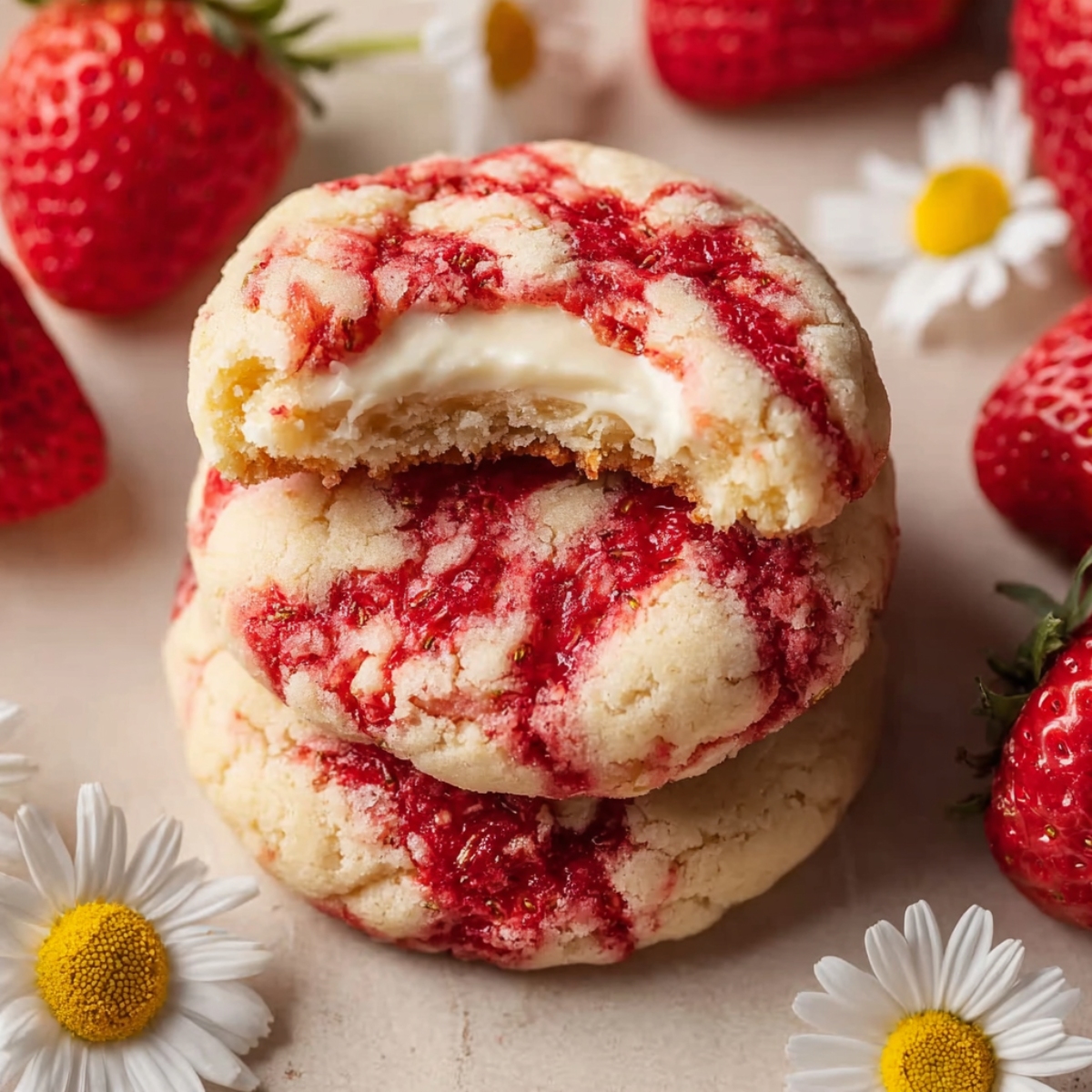 Overhead view of two stacked strawberry cheesecake cookies on a light beige surface, with the top cookie bitten to reveal a smooth white cream cheese filling inside. The pale golden cookies feature swirls of red strawberry jam throughout. Fresh whole strawberries and white daisy flowers with bright yellow centers are scattered around the cookies, creating a bright, spring-inspired styling.