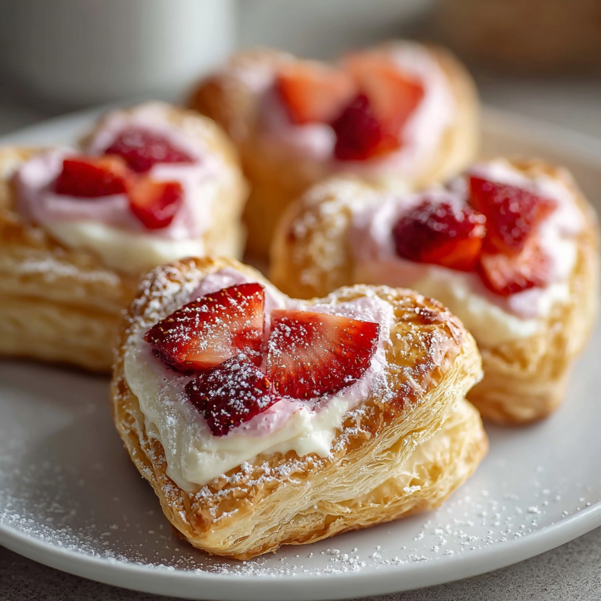 Close-up angled shot of heart-shaped strawberry cream cheese danishes on a white plate, showcasing golden flaky puff pastry layers visible from the side, topped with pink-tinted cream cheese filling and fresh red strawberry pieces, dusted with powdered sugar. Additional danishes are softly blurred in the background.