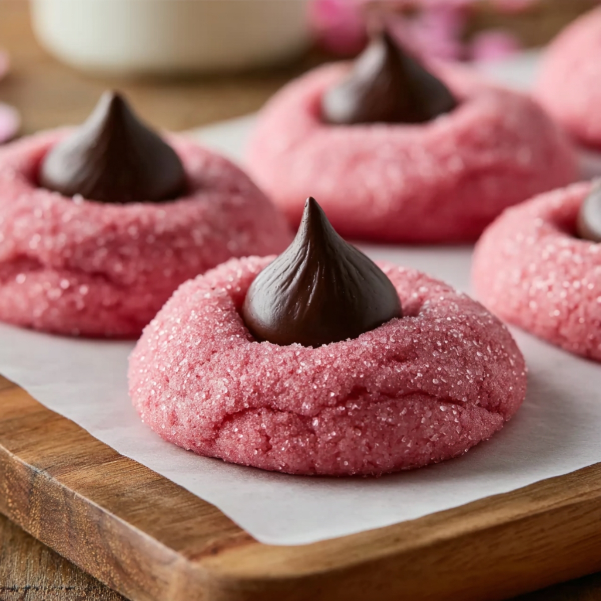 Angled close-up of pink strawberry kiss cookies on parchment paper atop a wooden cutting board. The foreground cookie is in sharp focus, showing its crackled pink sugar-coated surface and a dark chocolate Hershey's Kiss pressed into the center. Two more cookies are softly blurred in the background, with a white bowl and pink floral accents visible behind them.