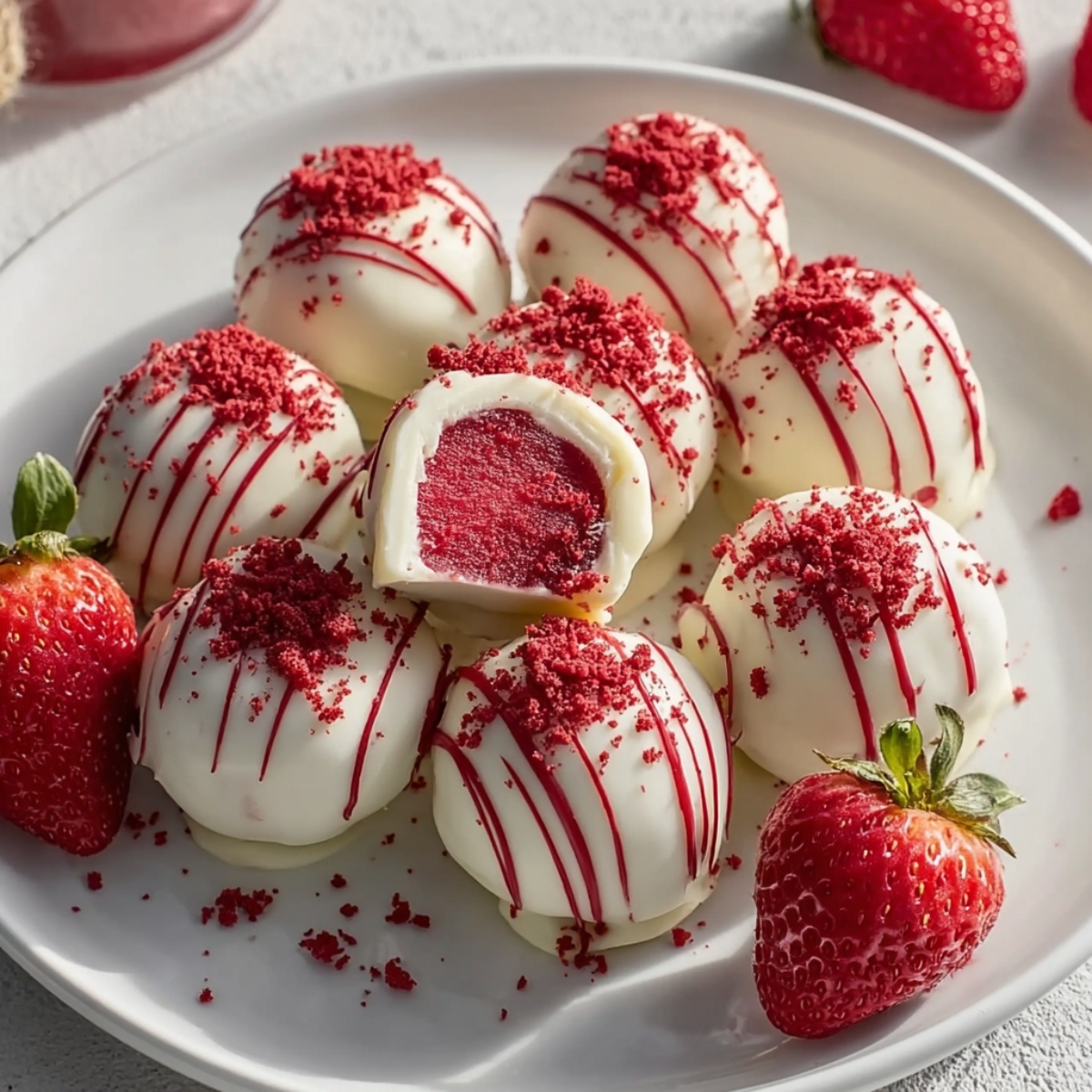 An image of a white plate holding several Strawberry Velvet Cheesecake Truffle Bites. Each spherical truffle is coated in smooth white chocolate, drizzled with thin red stripes, and topped with red velvet cake crumbs. One truffle in the center is sliced open, revealing a dense, vibrant red strawberry-flavored filling. Fresh, whole strawberries are scattered around the plate on a light-textured surface.