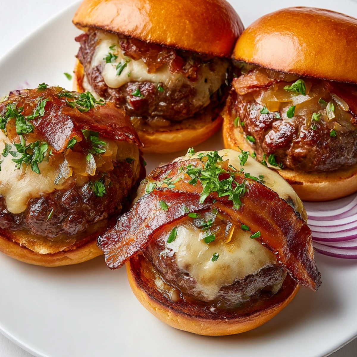 Four stuffed portobello mushroom burgers on white plate with purple striped napkin, featuring grilled mushrooms on toasted buns topped with melted cheese, crispy bacon, caramelized onions, and fresh parsley, two burgers shown assembled and two with tops removed
