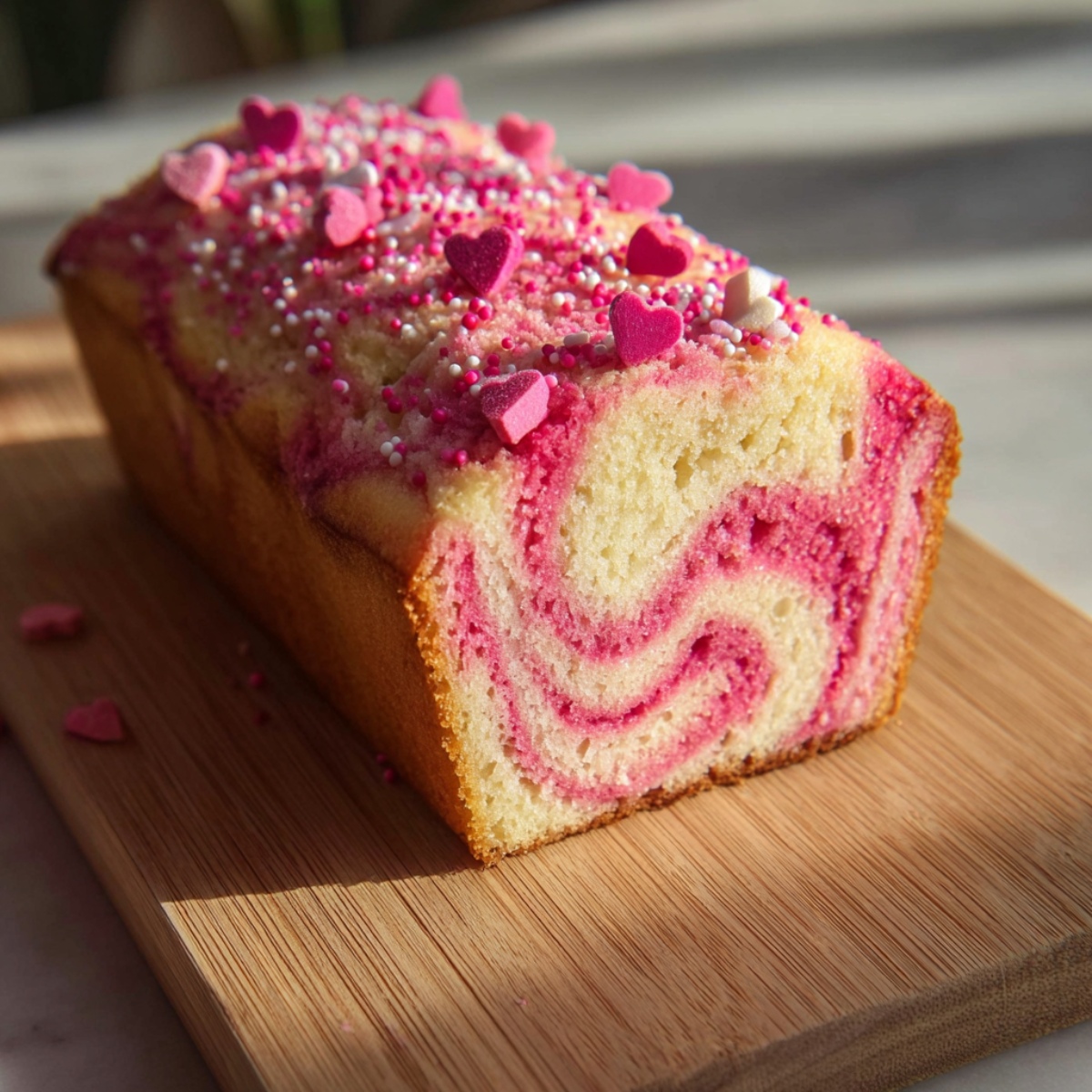 Valentine's banana bread loaf on wooden cutting board displaying pink and white swirled interior, topped with pink frosting, heart-shaped sprinkles in pink and red, and pearl decorations