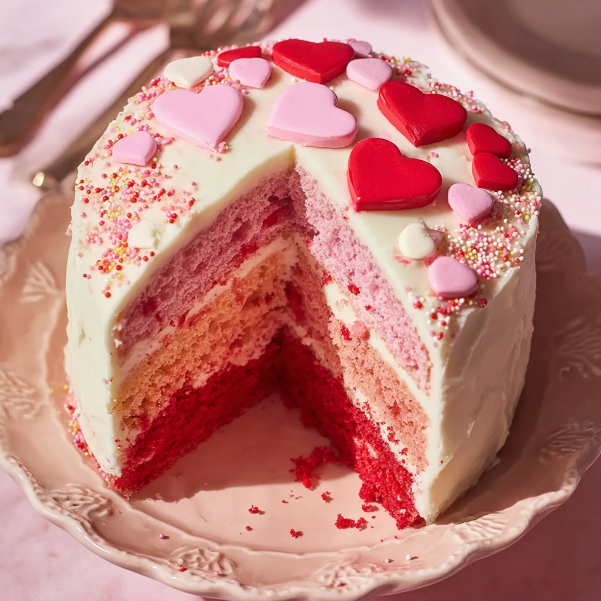 Valentine's Day ombré layer cake on a pink ceramic cake stand with a wedge removed to reveal the interior. The cake features four gradient layers transitioning from deep red at the bottom through coral and light pink to pink at the top, all separated by white cream cheese frosting. The exterior is frosted in smooth white buttercream and decorated with red, pink, and white heart-shaped fondant pieces on top, with colorful rainbow sprinkles scattered around the edge. Gold forks are visible softly blurred in the background on a pink tablecloth.