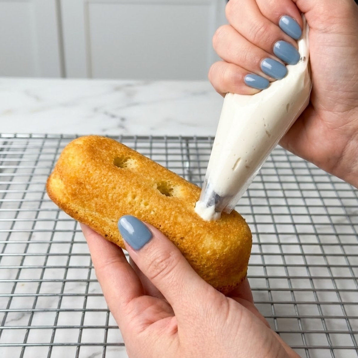 Extreme close-up of a hand with fog blue nails using a piping bag to fill a baked Twinkie with marshmallow cream.