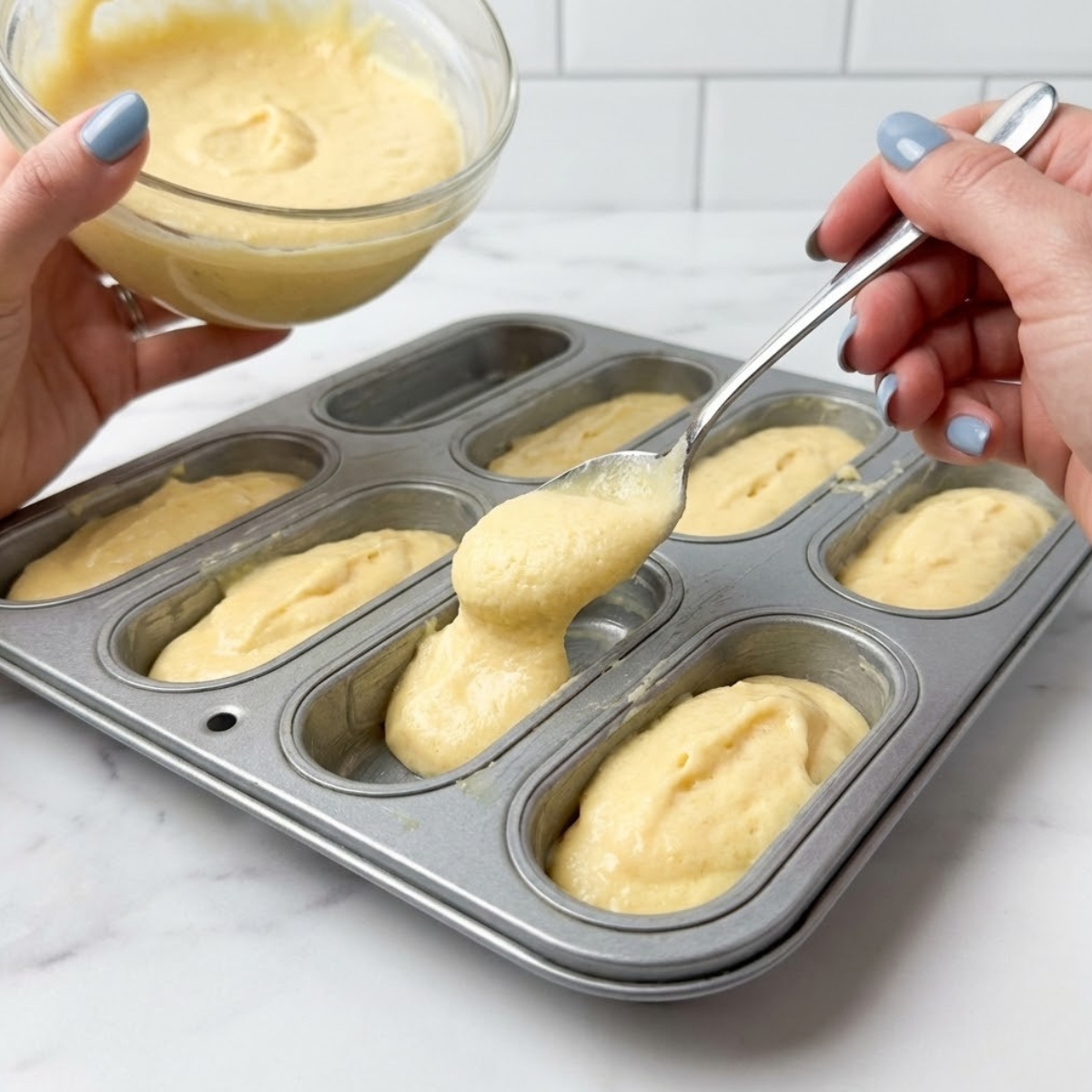 Close-up of hands with fog blue nails spooning sponge cake batter into a specialized Twinkie baking pan.