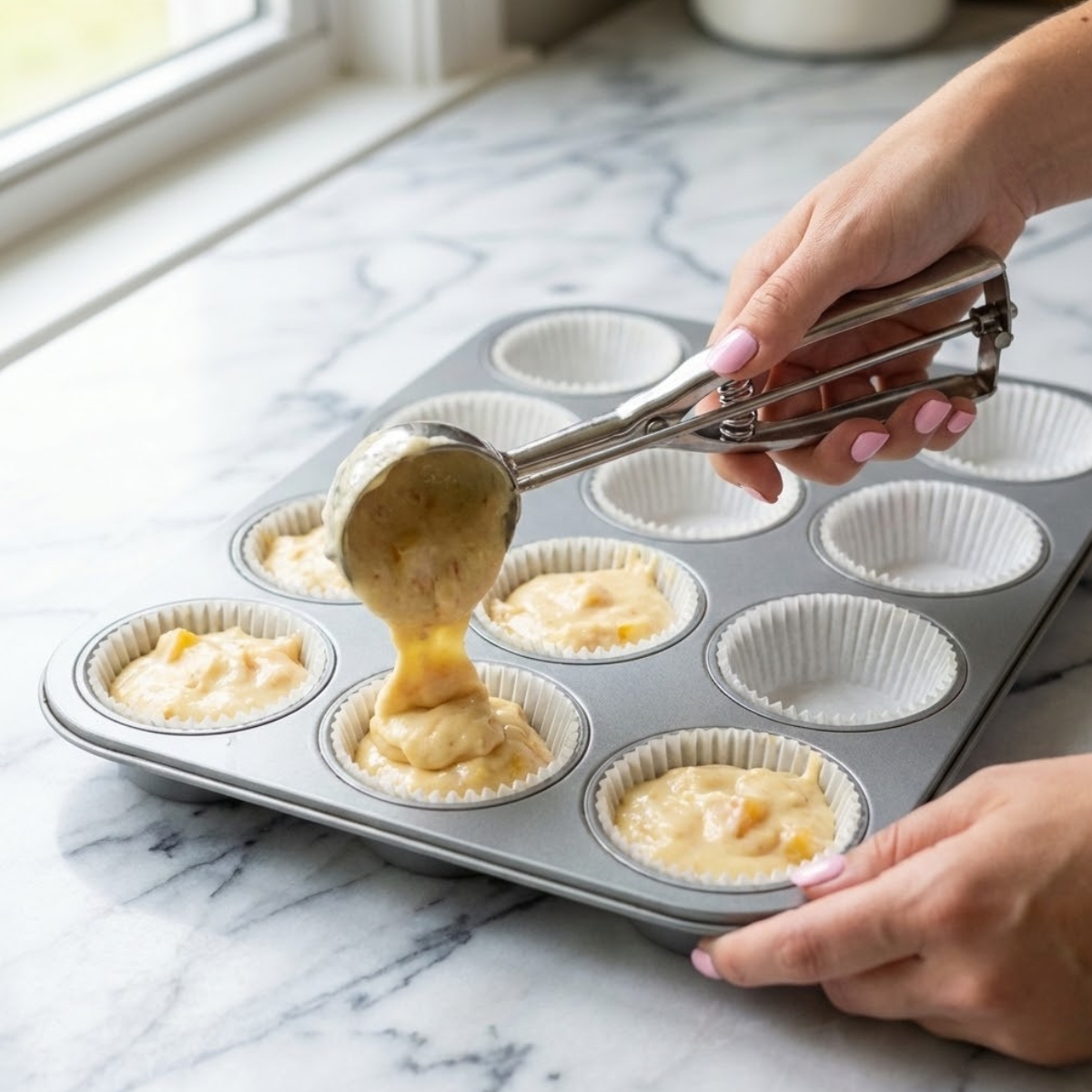 Close up of scooping peach bellini cupcake batter into a muffin tin lined with paper liners.