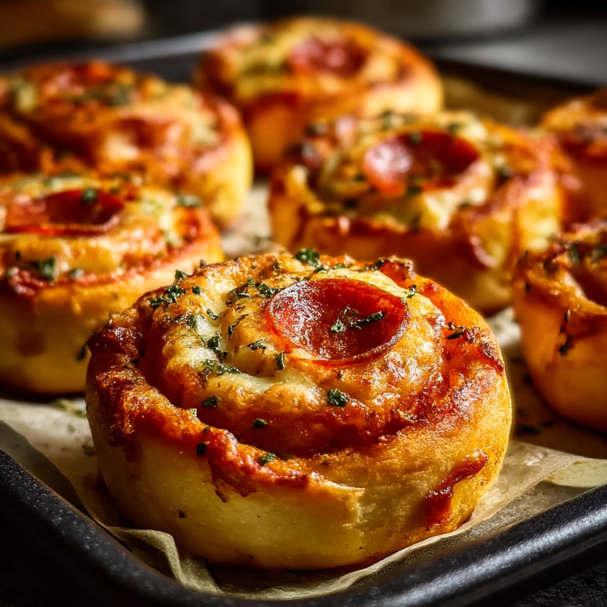 Golden brown flaky pepperoni pizza rolls on parchment-lined baking sheet, spiraled pastry filled with melted mozzarella cheese, tomato sauce, and pepperoni slices, garnished with dried herbs