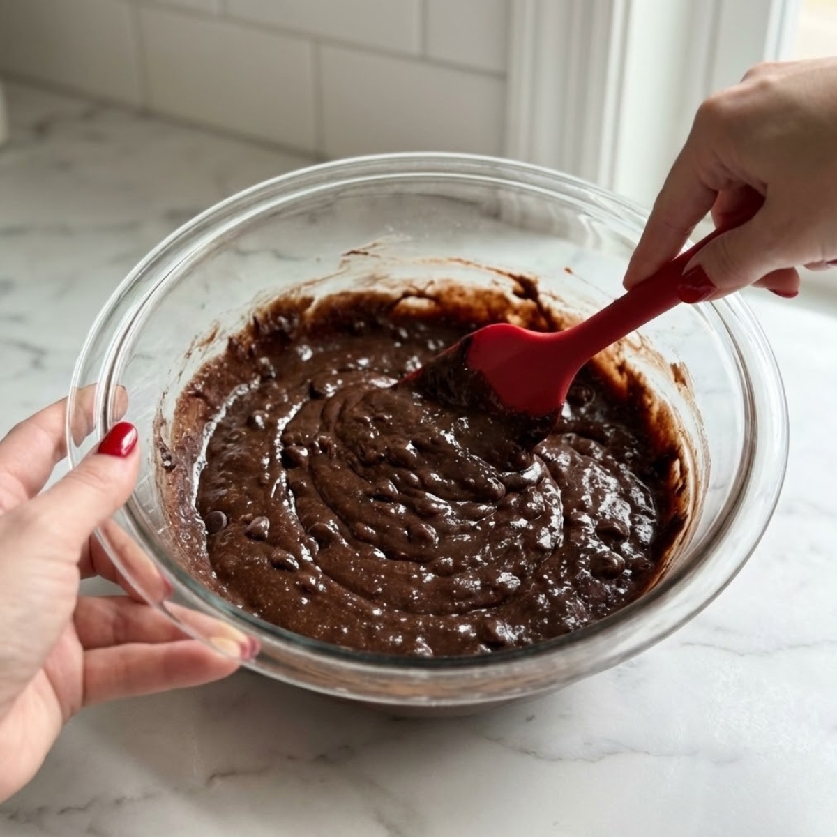 Close-up of a hand with red nails gently folding chocolate pancake batter with a spatula in a glass bowl.