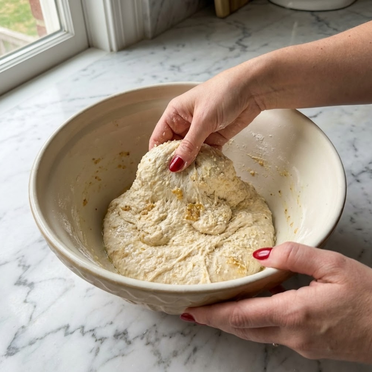 Close-up of a woman's hands with red nails folding roasted garlic and Parmesan cheese into wet bread dough in a bowl on a white marble counter.
