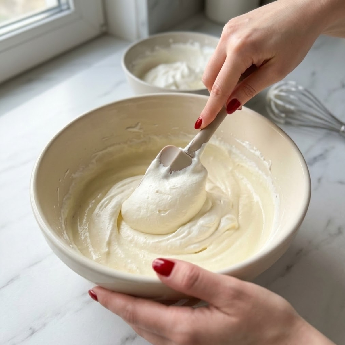 Close-up of hands with red nails using a spatula to fold whipped cream into cream cheese filling in a mixing bowl on a white marble counter.