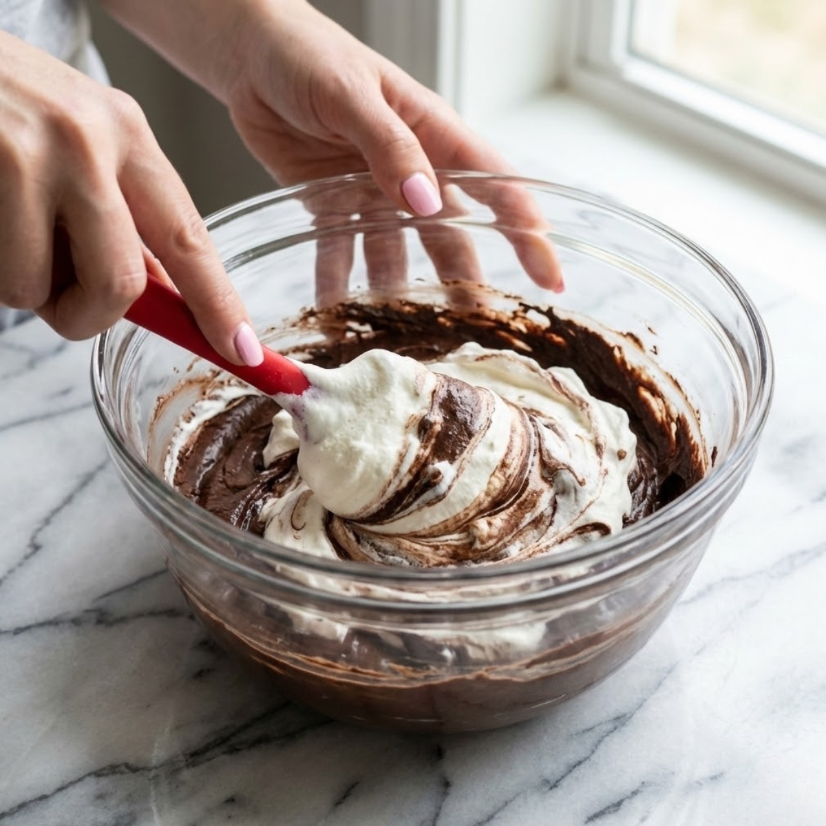 Close up of hands folding whipped cream into chocolate mixture to create a light and airy mousse.