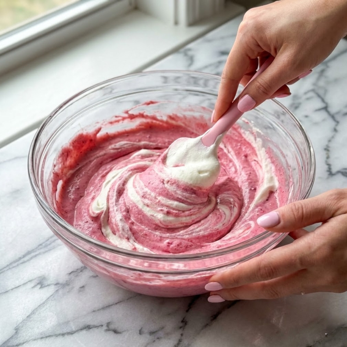 Close up of folding whipped cream into raspberry mixture to create a fluffy mousse.