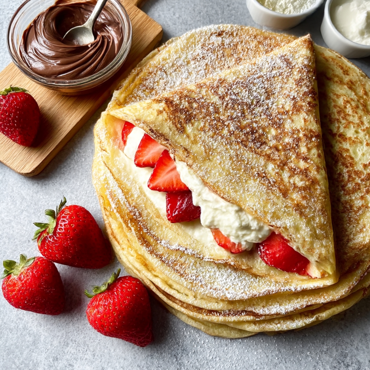 Stack of thin French crepes dusted with powdered sugar, folded to reveal filling of whipped cream and fresh sliced strawberries, with whole strawberries, chocolate spread in a glass bowl, and white bowls in the background
