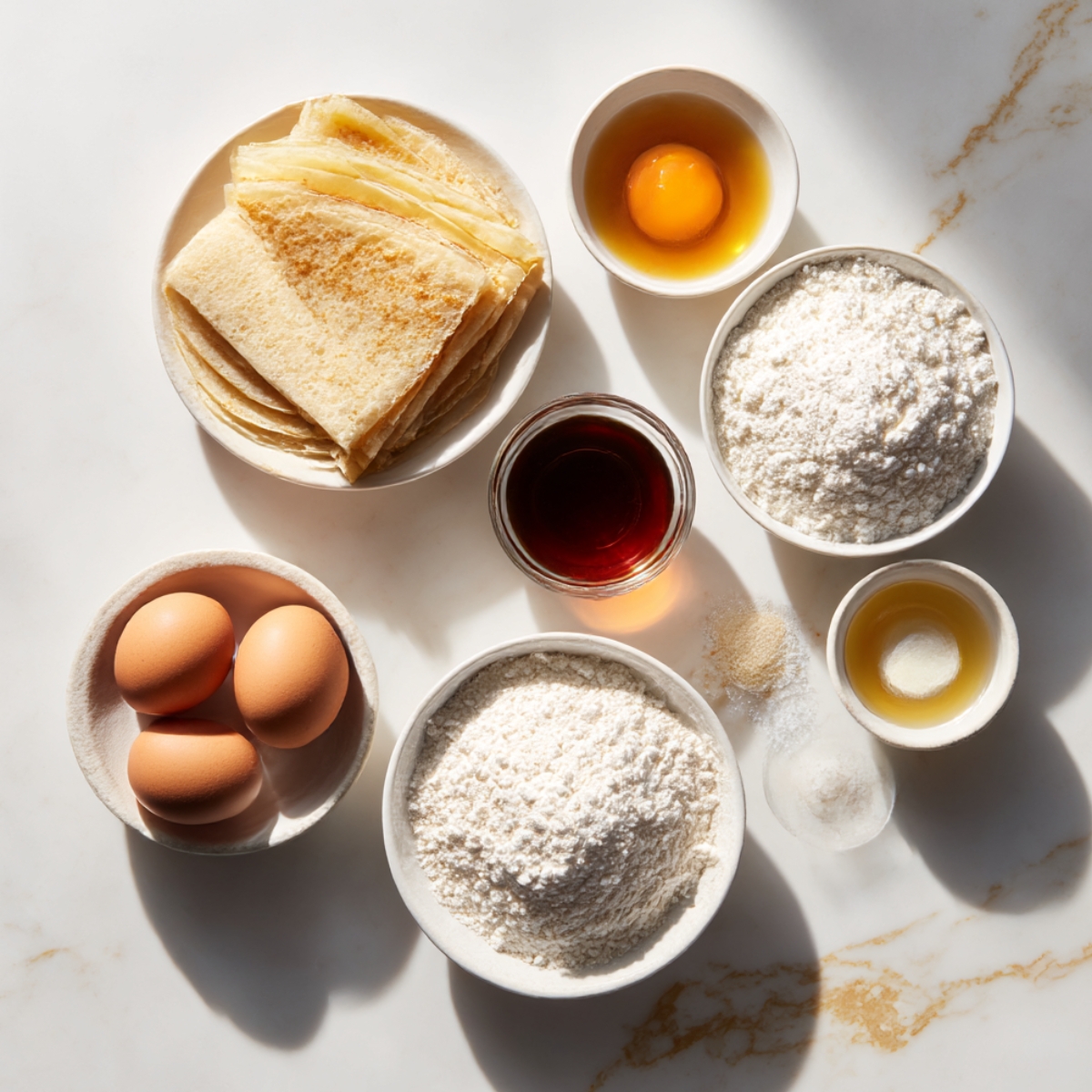 Overhead view of flour eggs milk and strawberries arranged on a marble counter for french crepes. Ingredients are labeled with sticky notes under soft natural lighting.