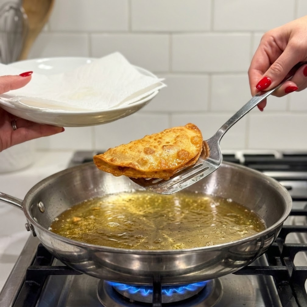Extreme close-up of a hand with red nails lifting a golden-fried taco pocket from a skillet of hot oil.