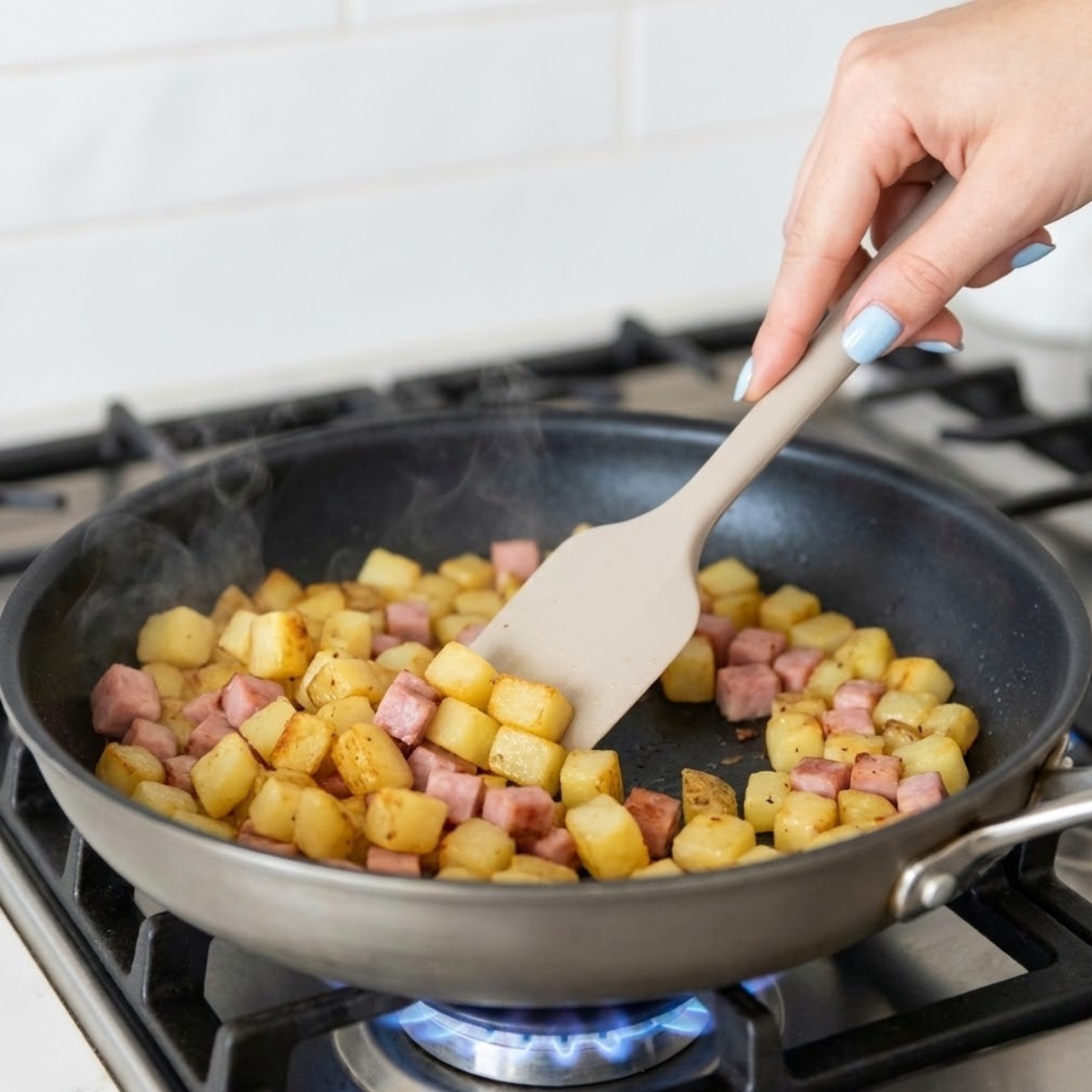 Close-up of a hand with blue nails stirring golden potatoes and ham in a skillet on the stove.