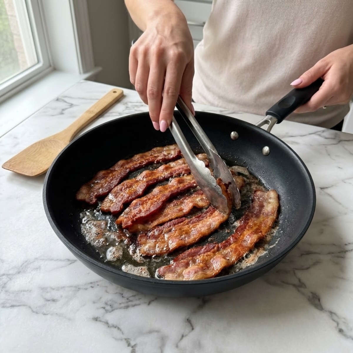 Close up action shot of frying bacon slices in a non-stick skillet until crispy.