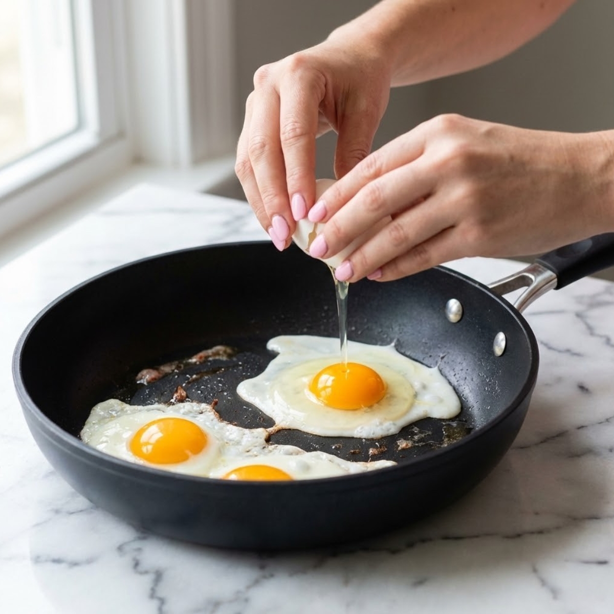 Close up of cracking an egg into a hot skillet to fry sunny-side up for a breakfast bowl.