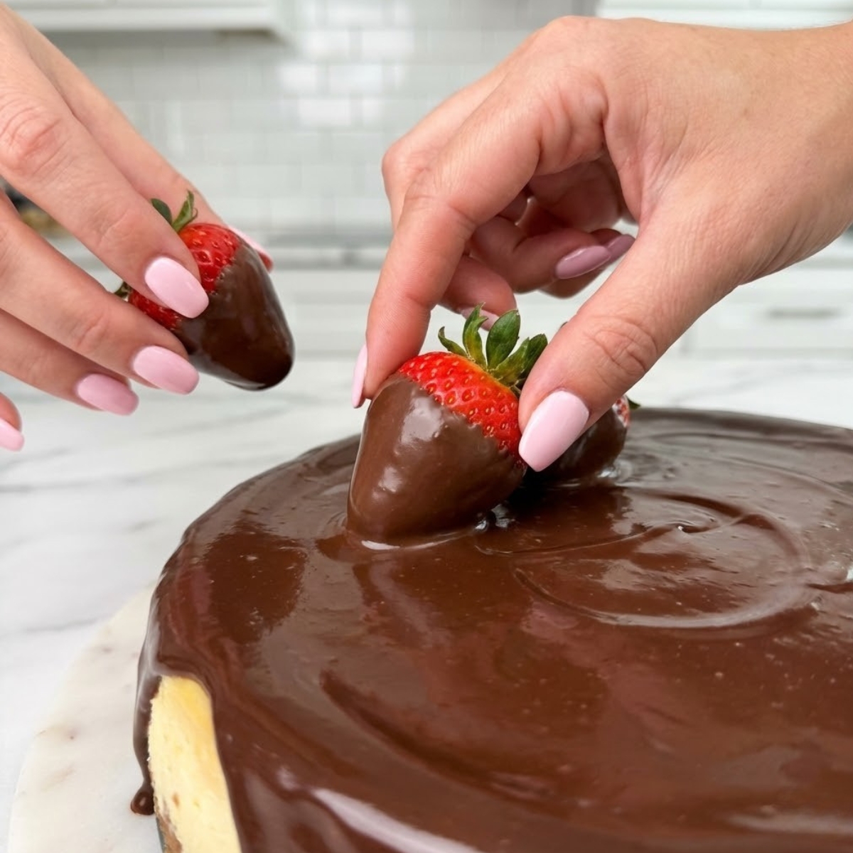 Extreme close-up of hands placing chocolate-dipped strawberries on top of a chocolate-covered strawberry cheesecake.