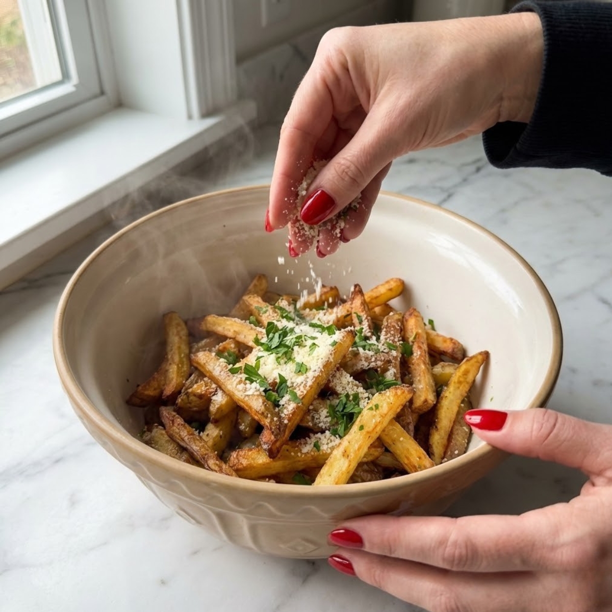 Close-up of a woman's hands with red nails sprinkling Parmesan and parsley onto hot fries in a bowl on a white marble counter.