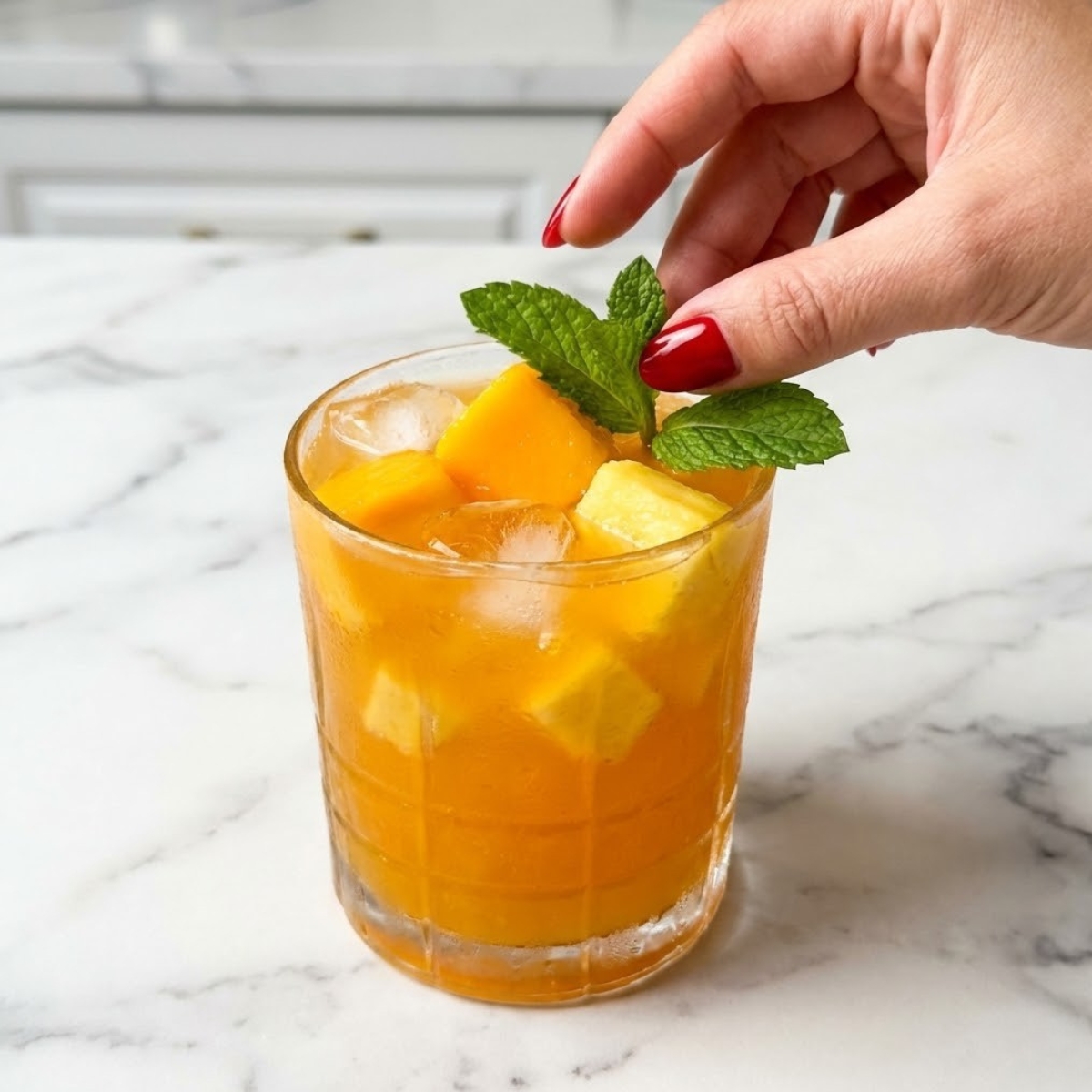 Extreme close-up of a hand with red nails placing a fresh mint sprig into a glass of mango pineapple punch.