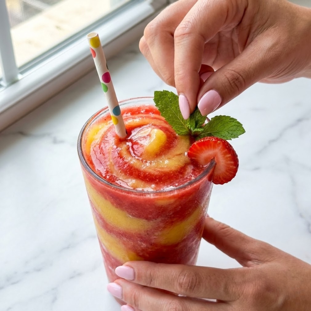 Extreme close-up of a hand with baby pink nails placing a fresh mint sprig on the rim of a pineapple strawberry swirled slushie.