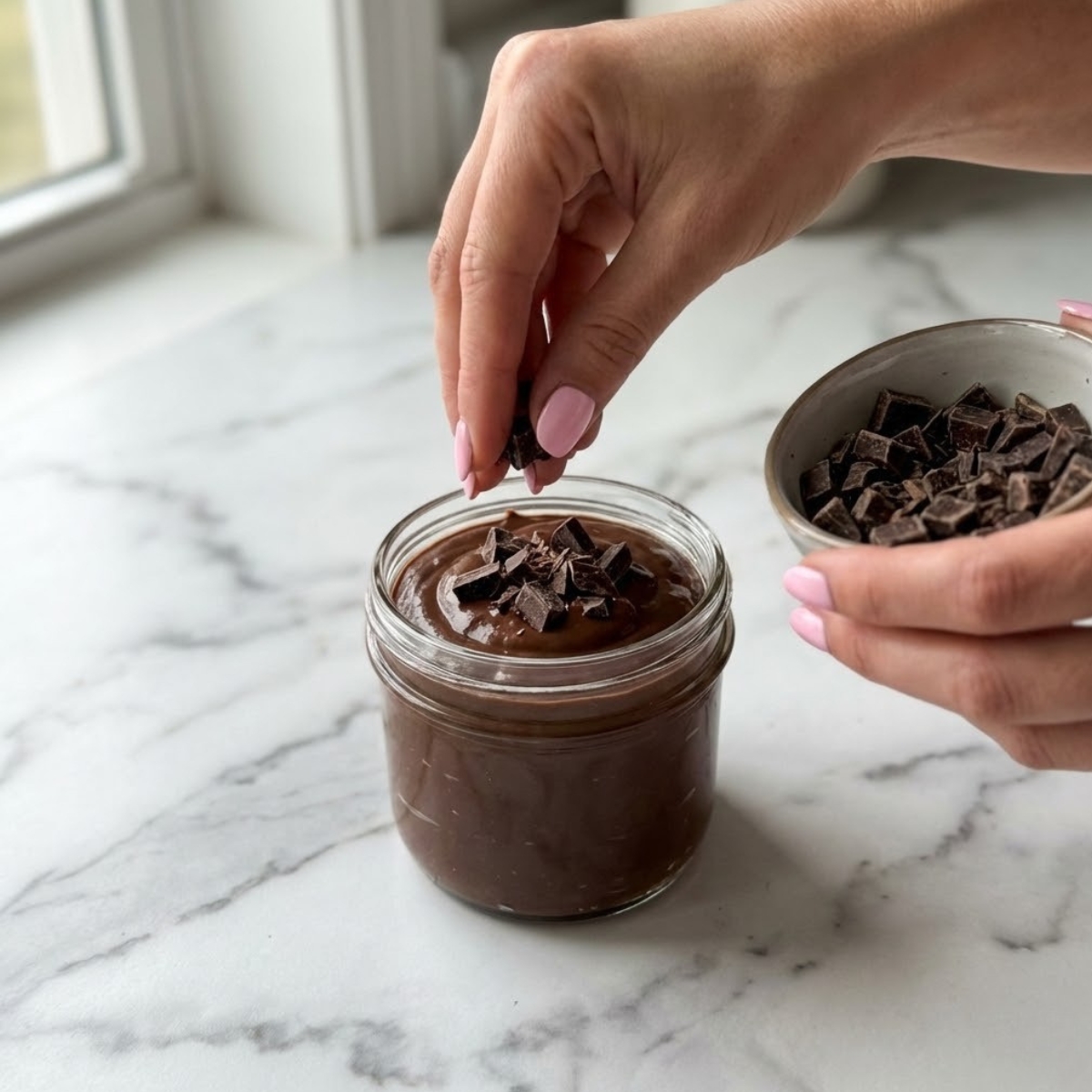 Close up of sprinkling dark chocolate chunks onto a jar of chocolate protein pudding.