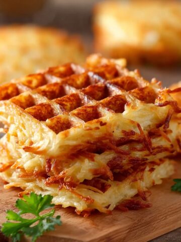 A close-up photo of a stack of square, golden-brown hashbrown chaffles on a wooden cutting board, garnished with sprigs of fresh green parsley.