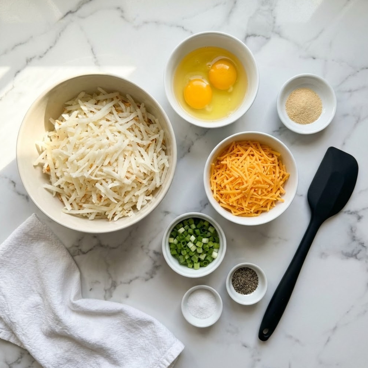 Overhead view of hashbrown chaffle ingredients including shredded potatoes, eggs, cheese, and green onions on a marble counter.