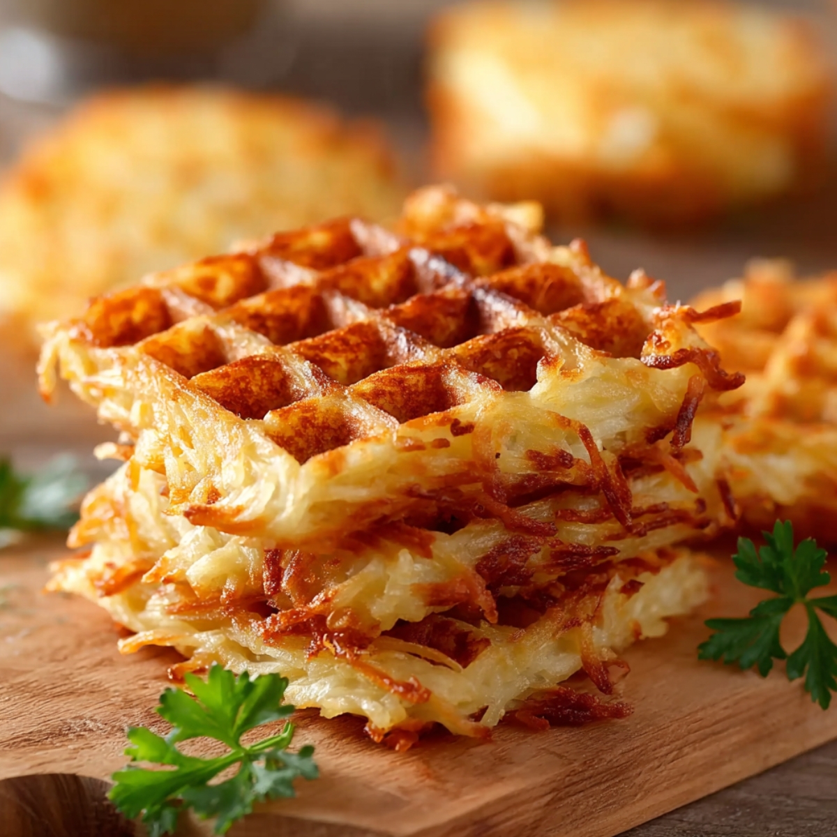 A close-up photo of a stack of square, golden-brown hashbrown chaffles on a wooden cutting board, garnished with sprigs of fresh green parsley.