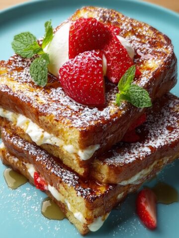 Hawaiian Roll French Toast stacked in three layers on a turquoise plate, made with golden-brown caramelized Hawaiian sweet rolls filled with cream cheese filling, dusted with powdered sugar, topped with fresh strawberries and mint leaves, with maple syrup pooling around the base