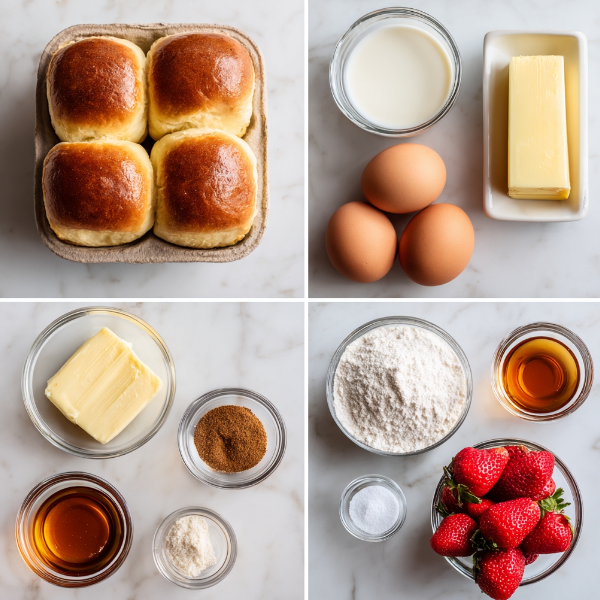 Ingredients for Hawaiian Roll French Toast arranged in a 4-panel flat lay on a white marble kitchen counter.