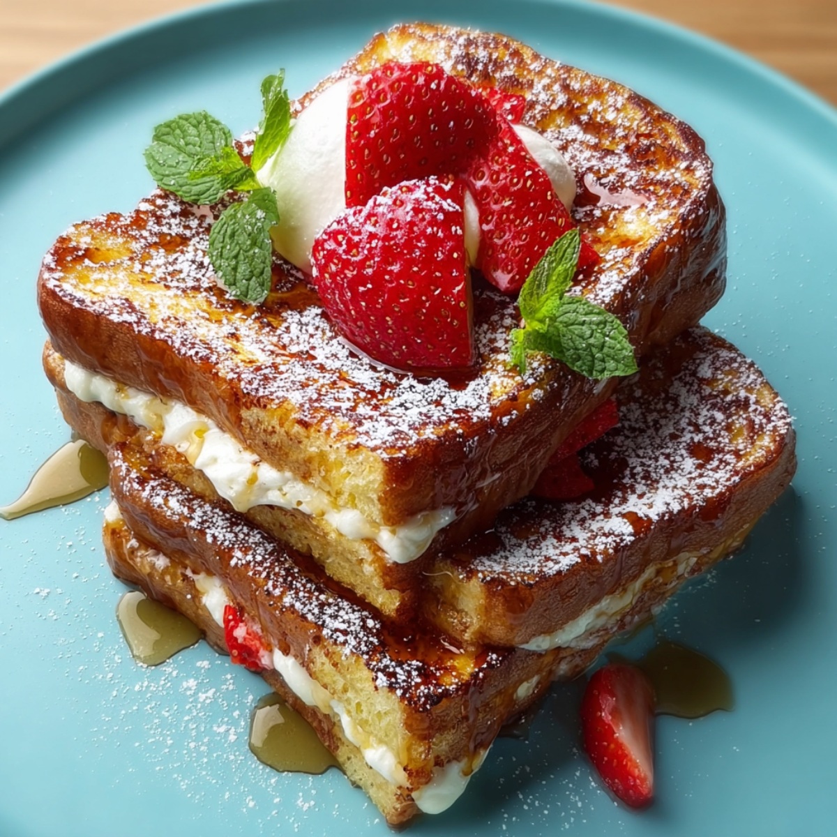 Hawaiian Roll French Toast stacked in three layers on a turquoise plate, made with golden-brown caramelized Hawaiian sweet rolls filled with cream cheese filling, dusted with powdered sugar, topped with fresh strawberries and mint leaves, with maple syrup pooling around the base