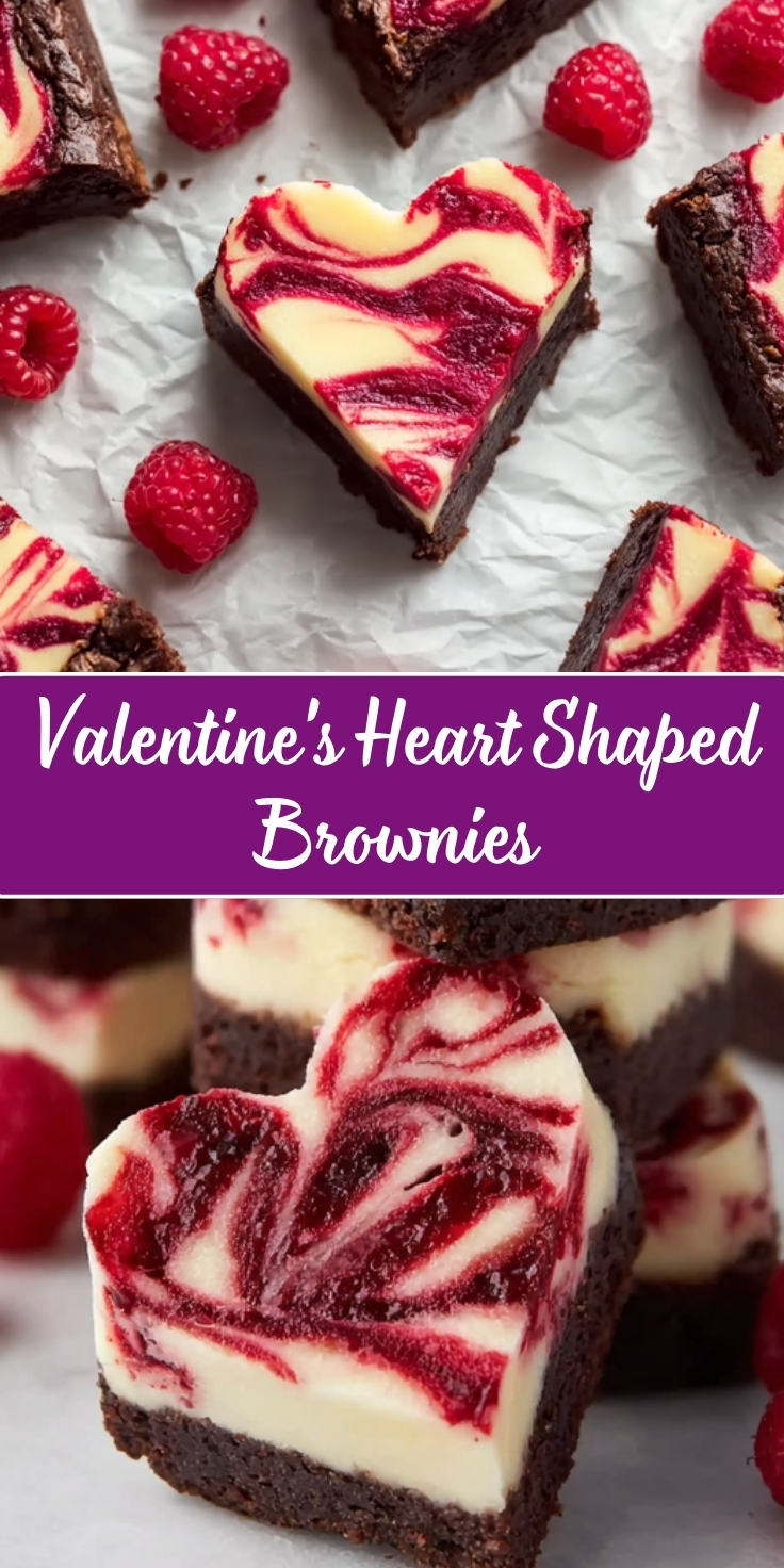 Valentine's Heart Shaped Brownies cut into heart shapes, featuring rich chocolate brownie base topped with swirled cream cheese and raspberry in a decorative marbled pattern, arranged on white parchment paper with fresh raspberries scattered around